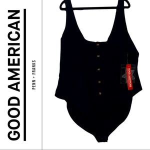 Good American Black Bodysuit Ribbed Button Detail size 7 NWT